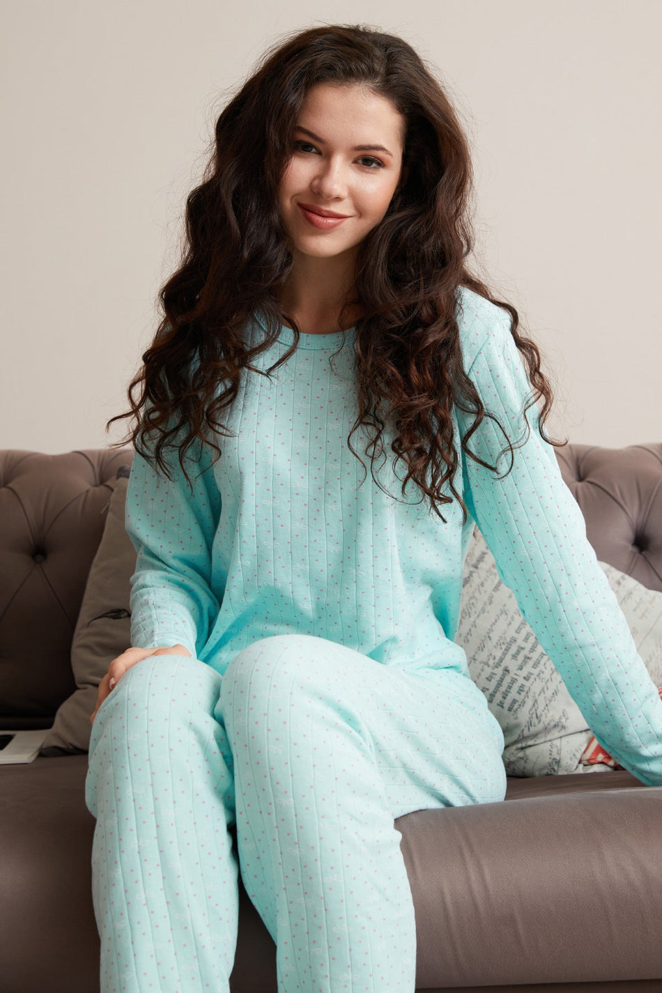 Plus Size Ribbon and Polka Dot Patterned Pajama Set - MALLTURK