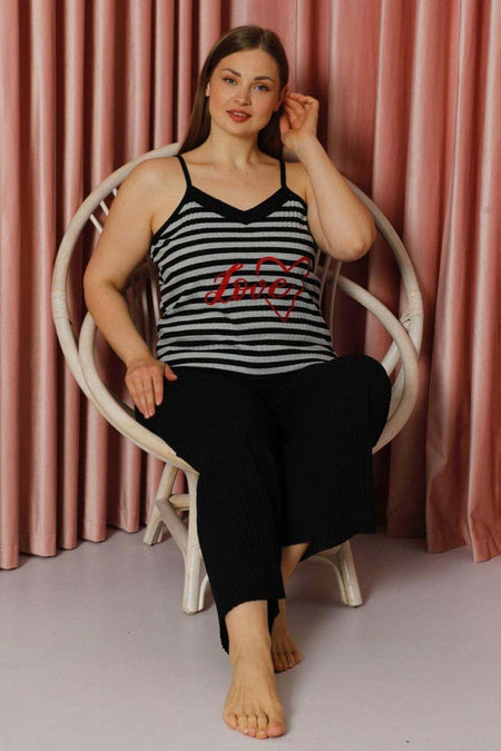 Plus Size Striped Rope Strap Pajama Set - MALLTURK