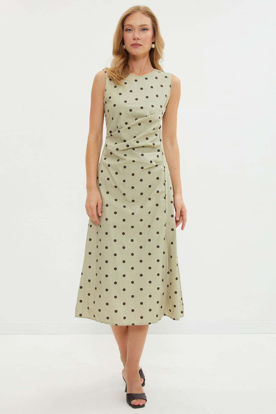 Polka Dot Draped Waist Midi Dress - MALLTURK