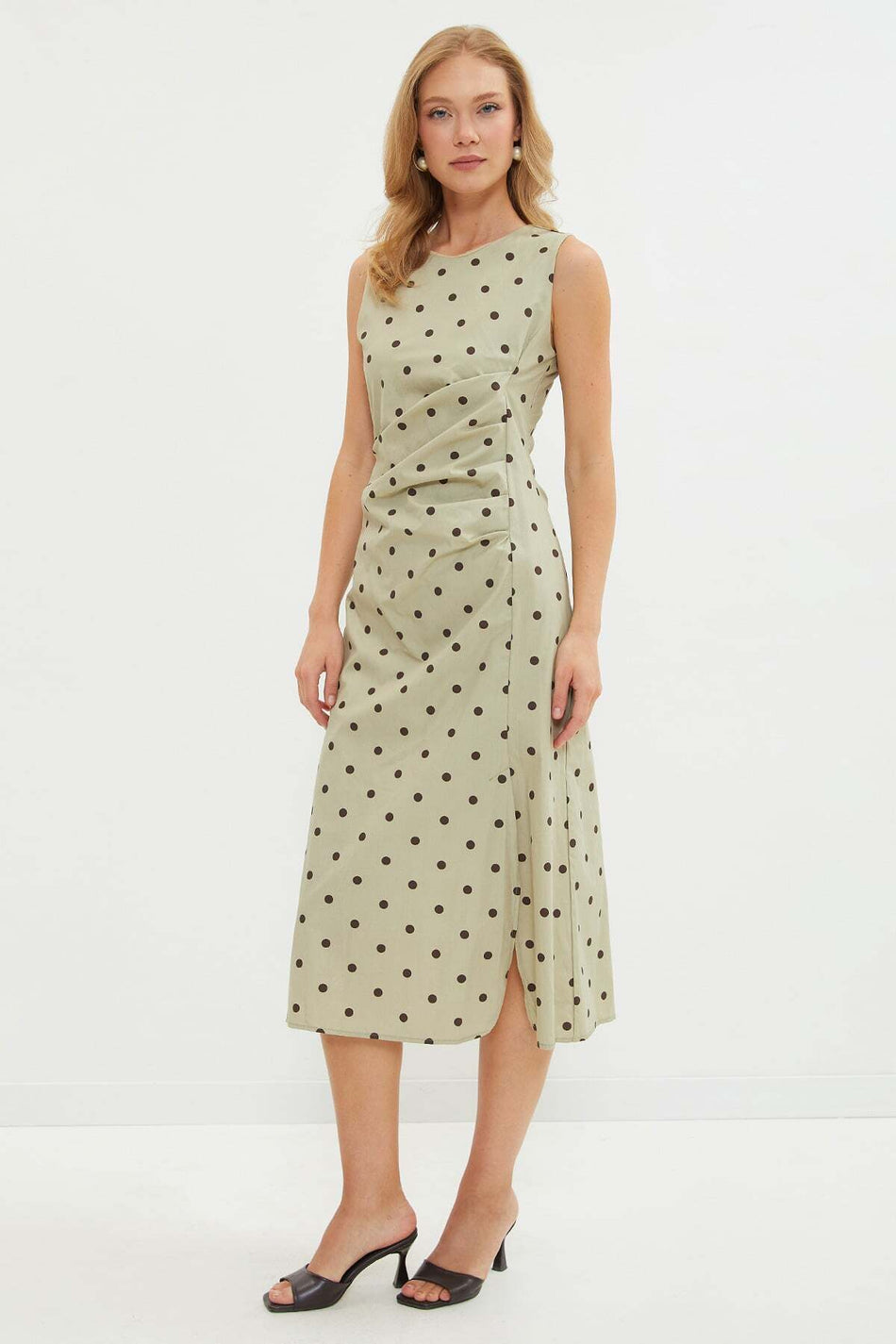 Polka Dot Draped Waist Midi Dress - MALLTURK