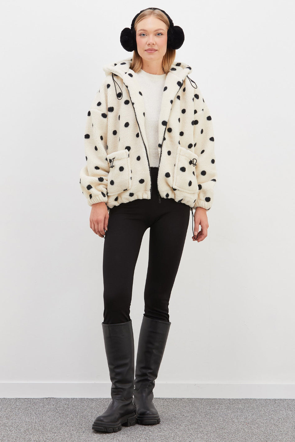 Polka Dot Hooded Plush Coat with Stopper - MALLTURK