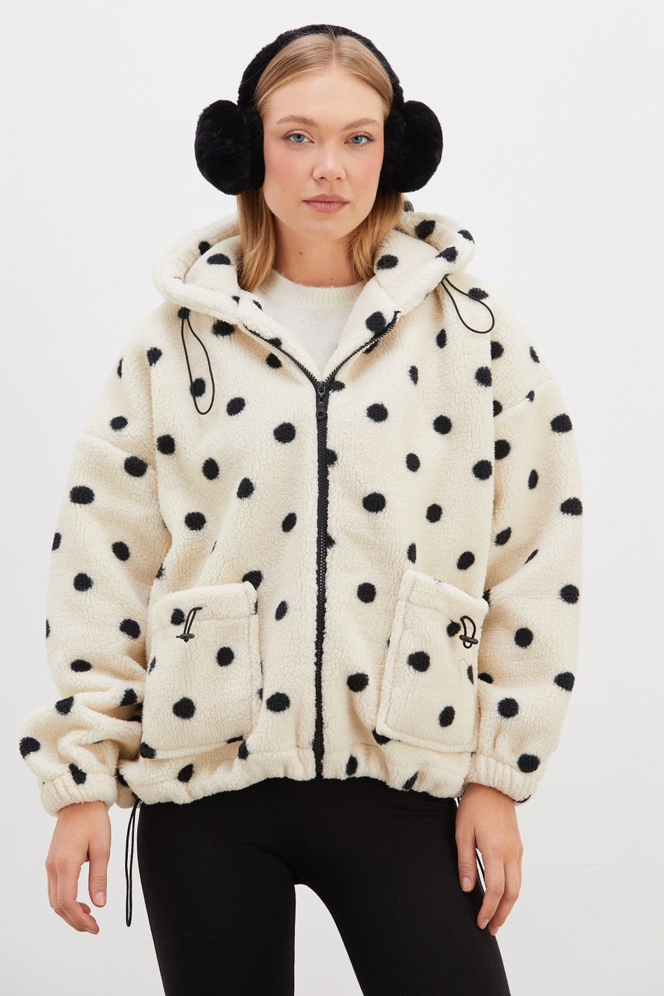 Polka Dot Hooded Plush Coat with Stopper - MALLTURK