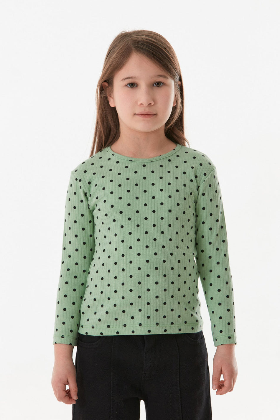 Polka Dot Patterned Girl's Blouse with Crew Neck - MALLTURK