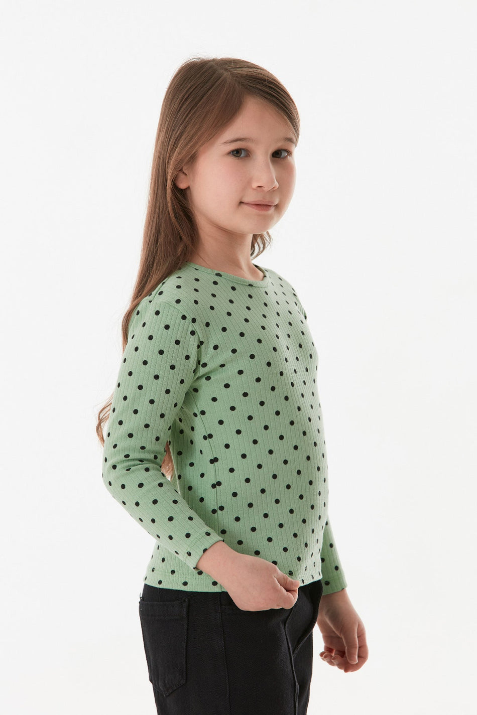 Polka Dot Patterned Girl's Blouse with Crew Neck - MALLTURK