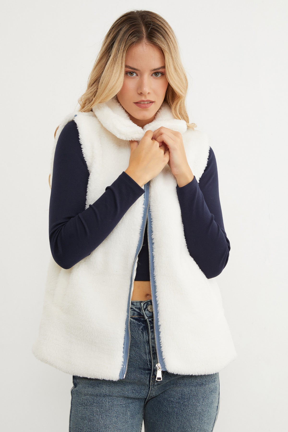 Polo Neck Zippered Plush Vest - MALLTURK
