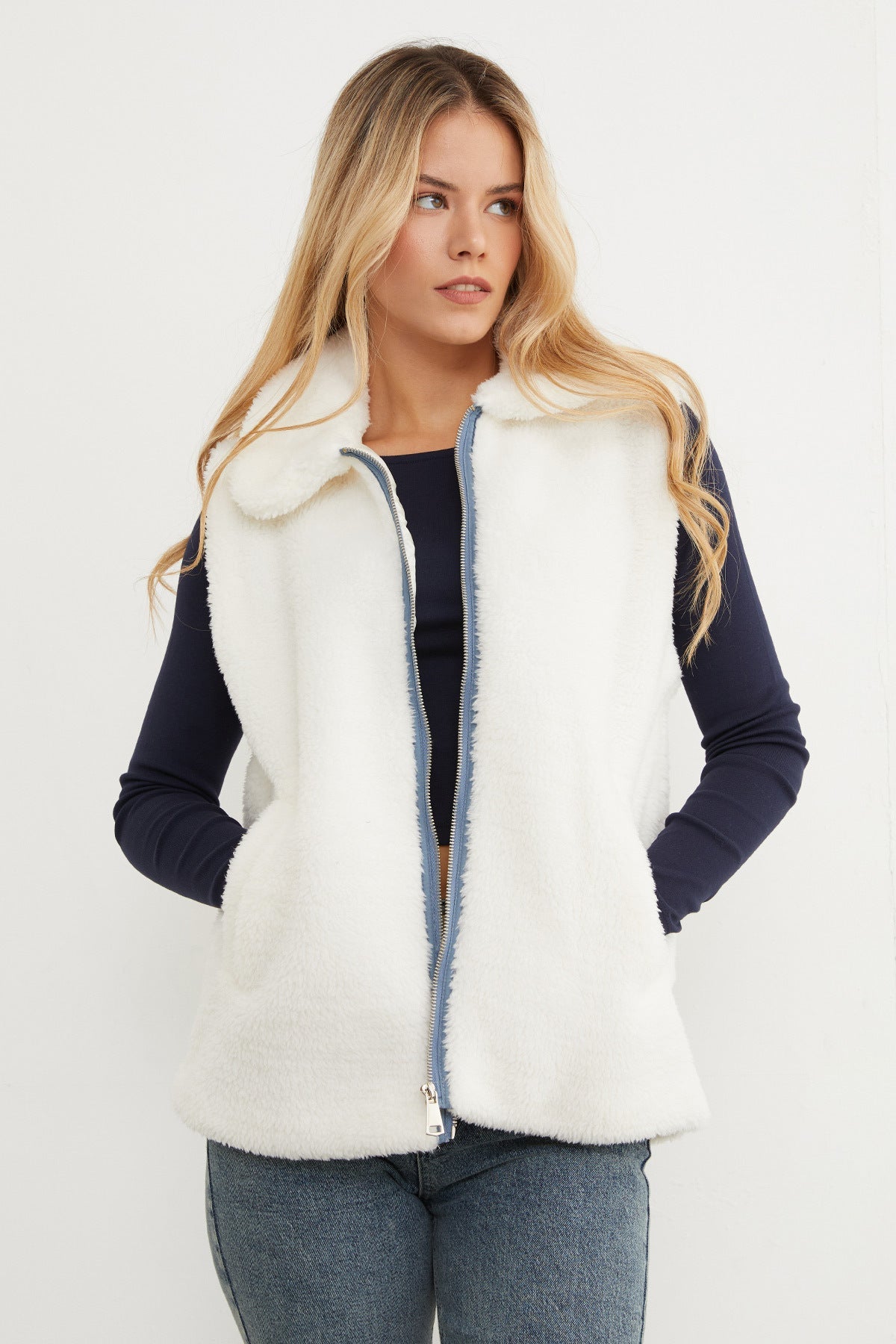 Polo Neck Zippered Plush Vest - MALLTURK