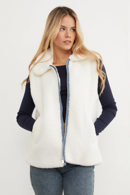 Polo Neck Zippered Plush Vest - MALLTURK