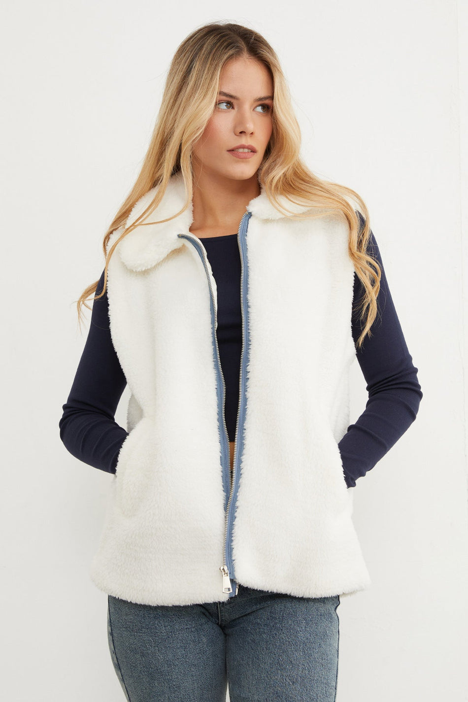 Polo Neck Zippered Plush Vest - MALLTURK