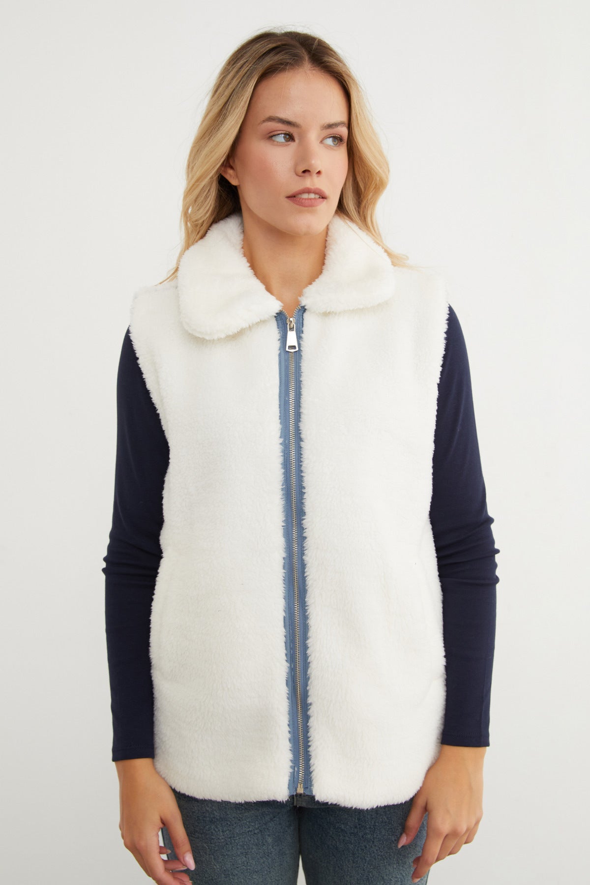 Polo Neck Zippered Plush Vest - MALLTURK