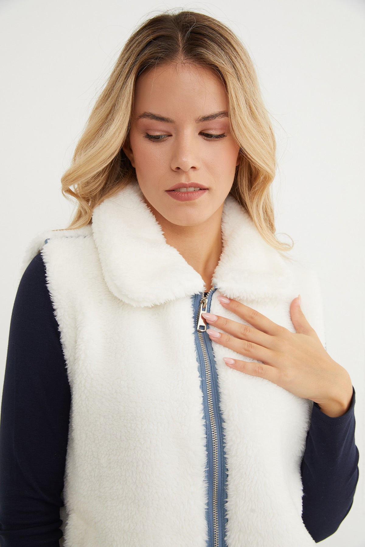Polo Neck Zippered Plush Vest - MALLTURK