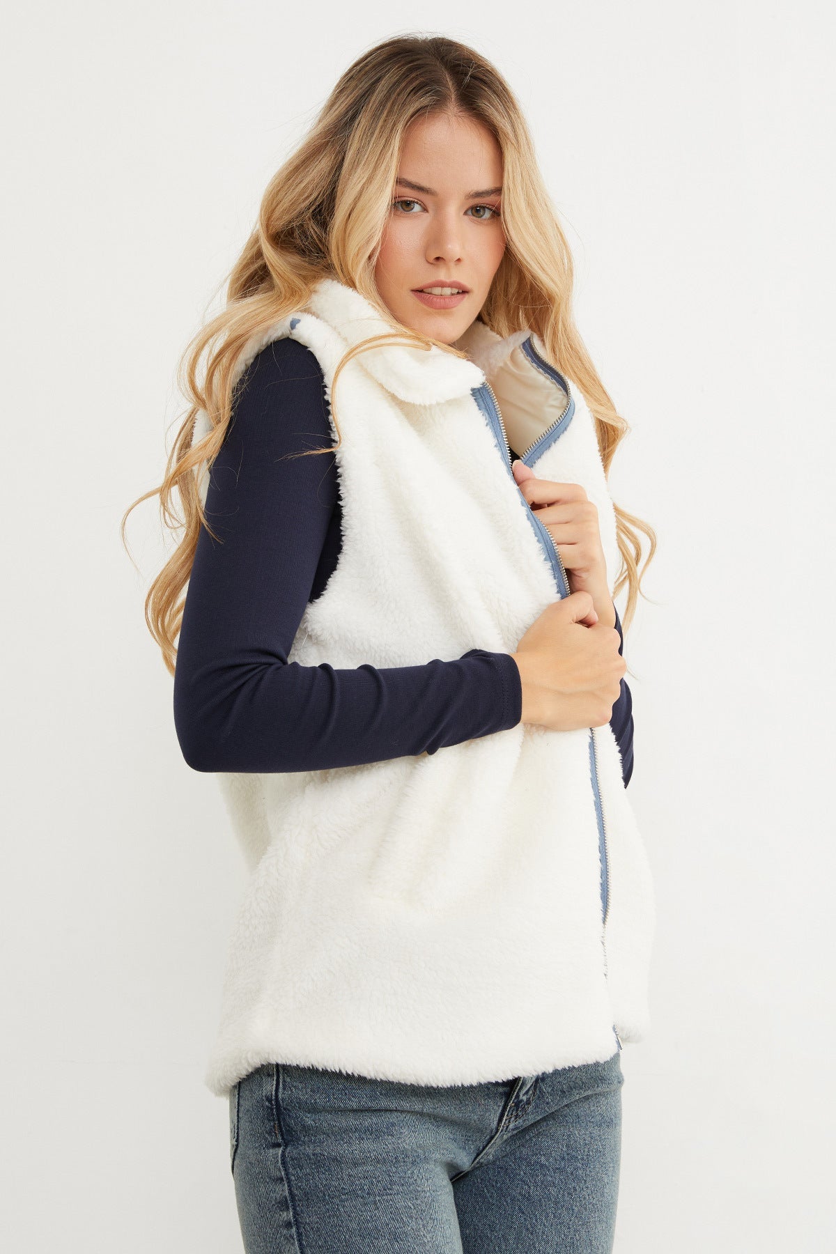 Polo Neck Zippered Plush Vest - MALLTURK