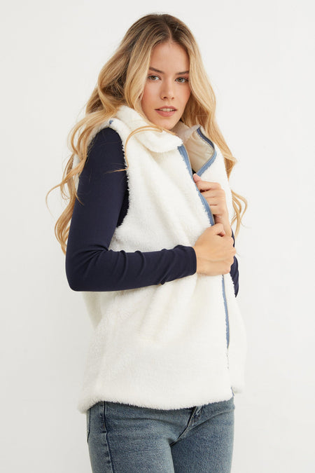 Polo Neck Zippered Plush Vest - MALLTURK