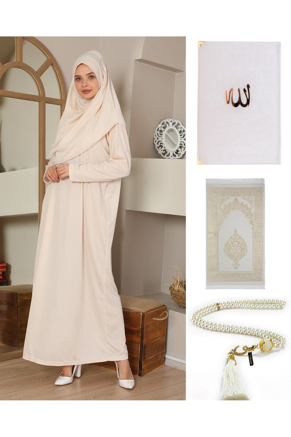 Prayer Set Prayer Dress Prayer Rug Pearl Prayer Beads Yasin Cream - MALLTURK