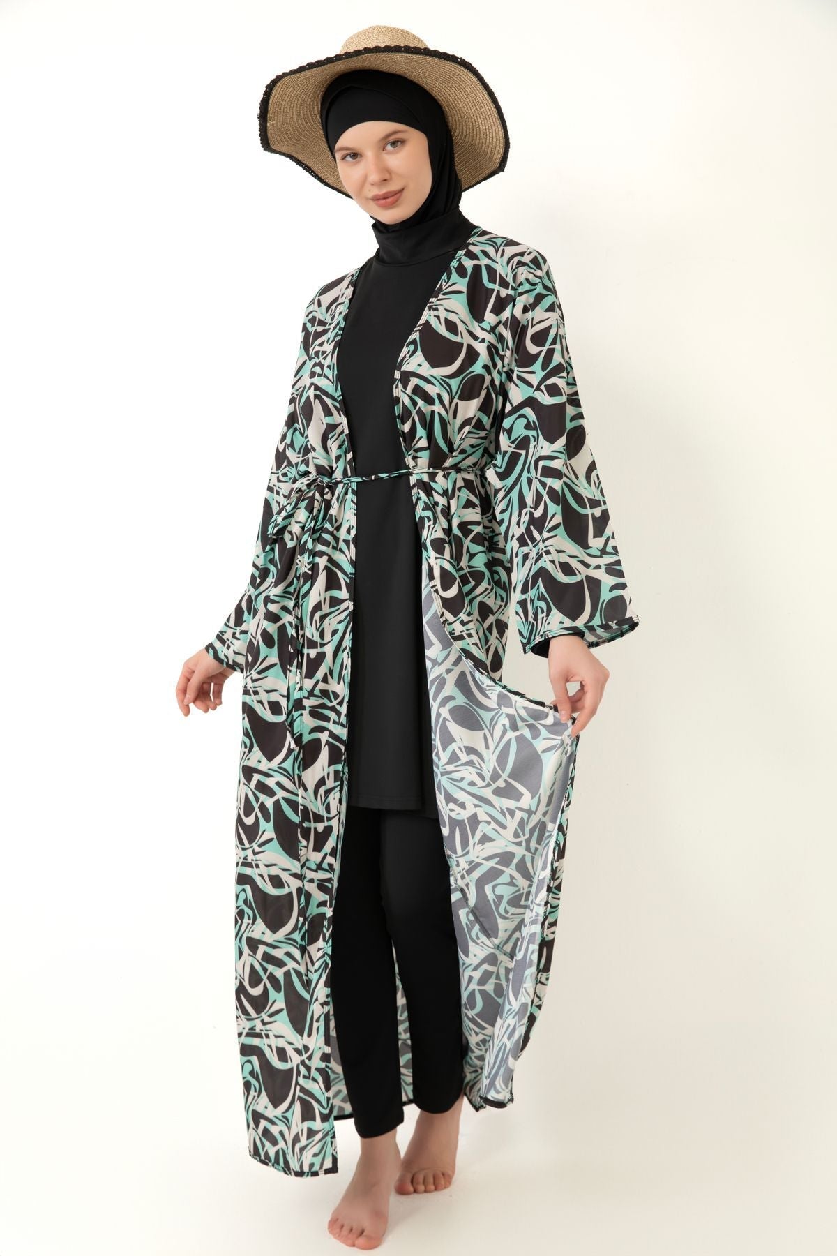 Print Pareo Kimono Kaftan on Hijab Swimsuit - MALLTURK
