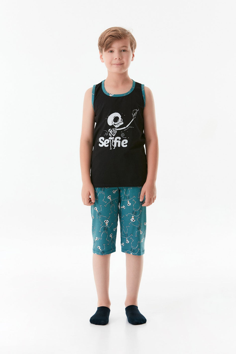 Printed Crew Neck Boy's Pajama Set - MALLTURK
