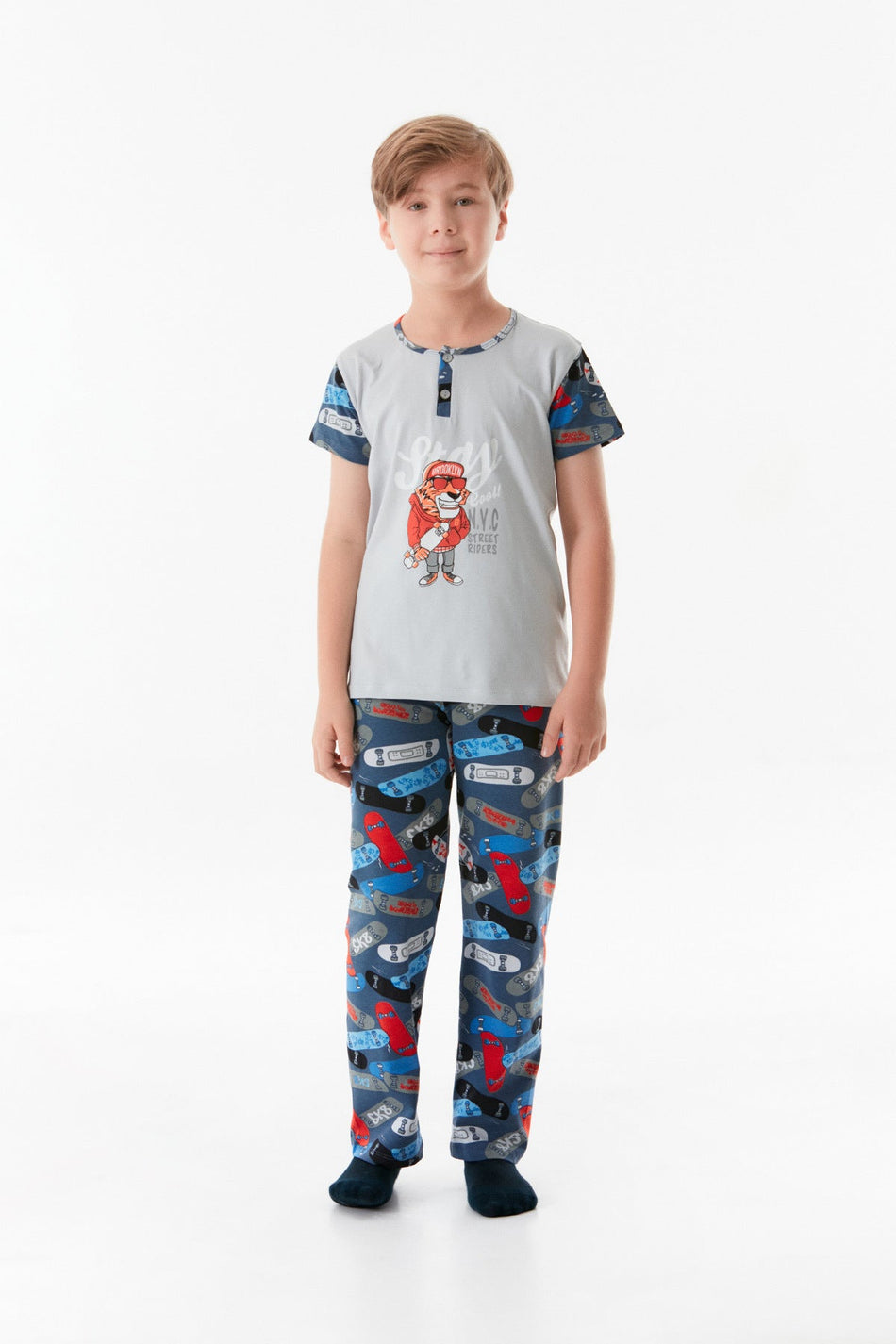 Printed Crew Neck Boy's Pajama Set - MALLTURK