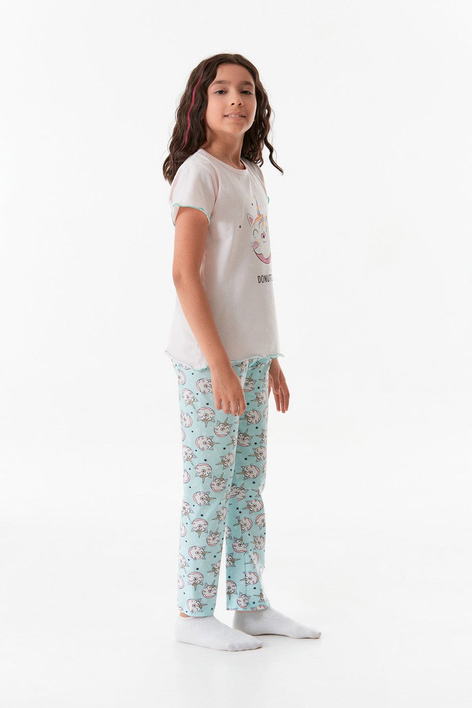 Printed Crew Neck Girls' Pajama Set - MALLTURK