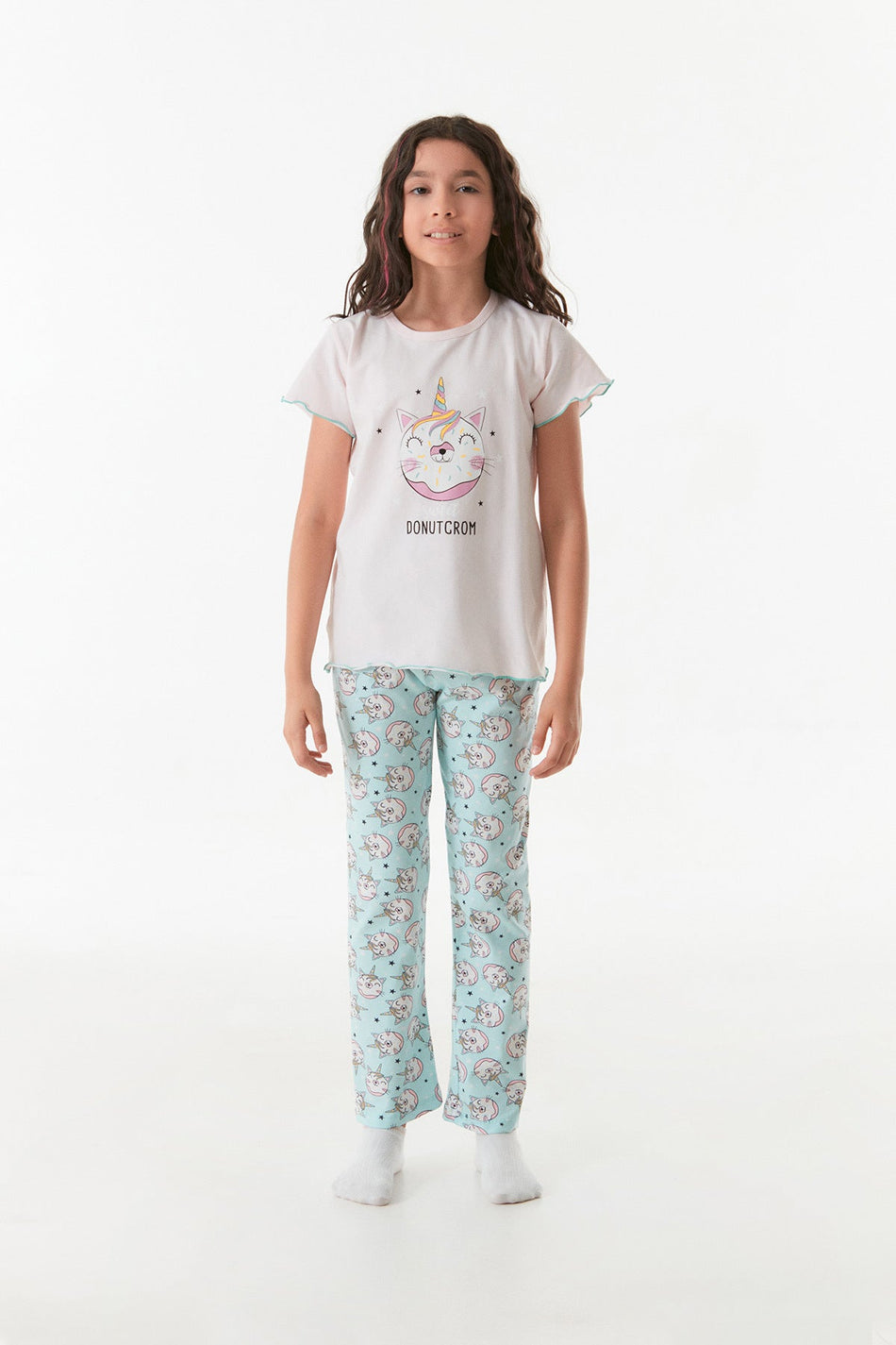 Printed Crew Neck Girls' Pajama Set - MALLTURK