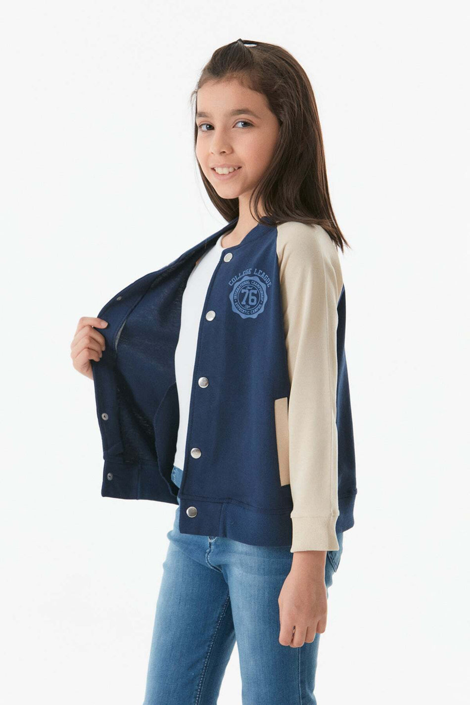 Printed Stand Collar Girl's College Jacket - MALLTURK