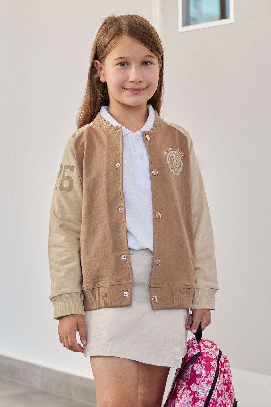 Printed Stand Collar Girl's College Jacket - MALLTURK