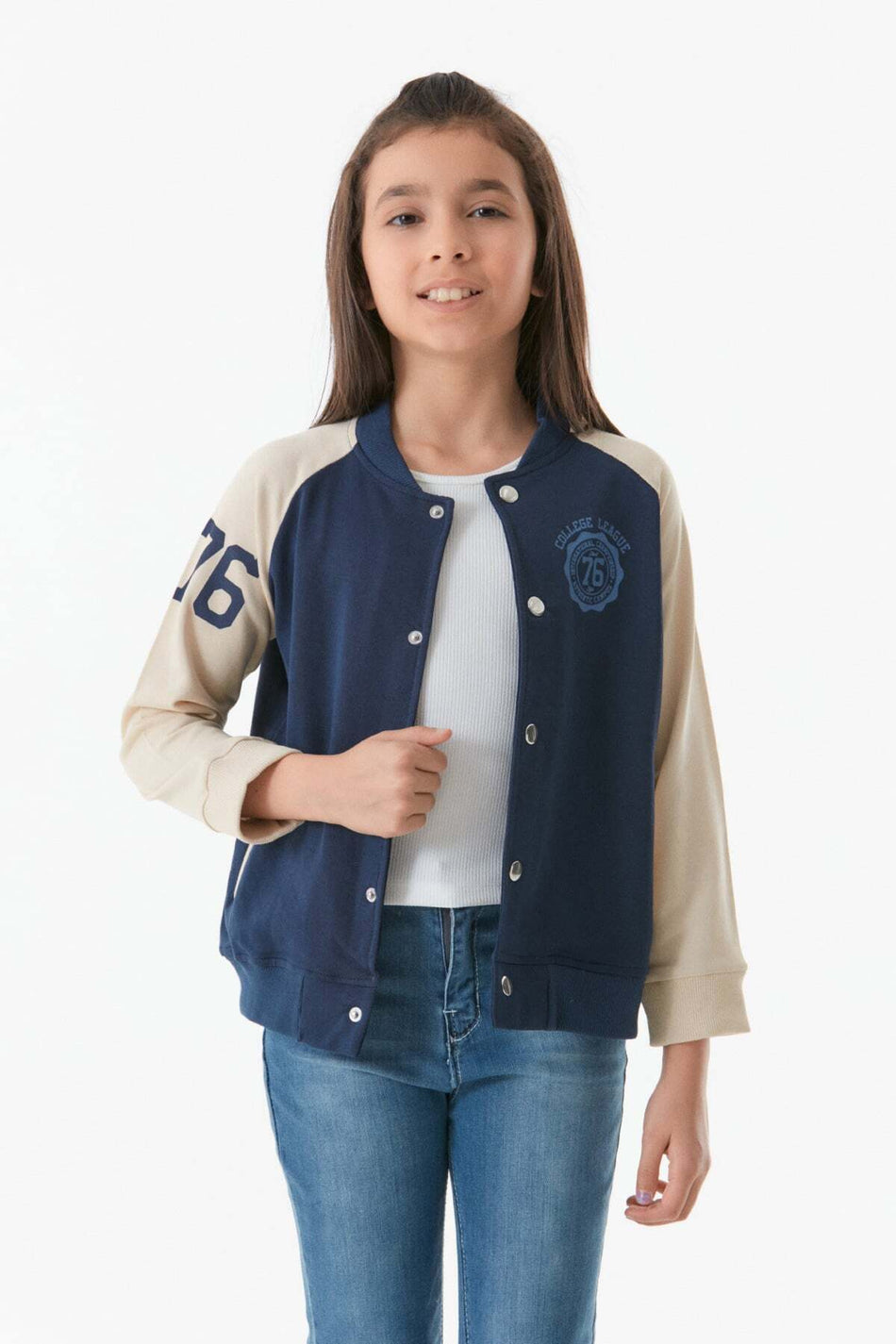 Printed Stand Collar Girl's College Jacket - MALLTURK