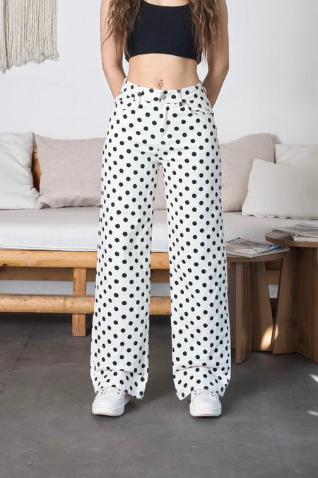 Puantiye Desenli Wide Leg Denim Pantolon Beyaz - MALLTURK