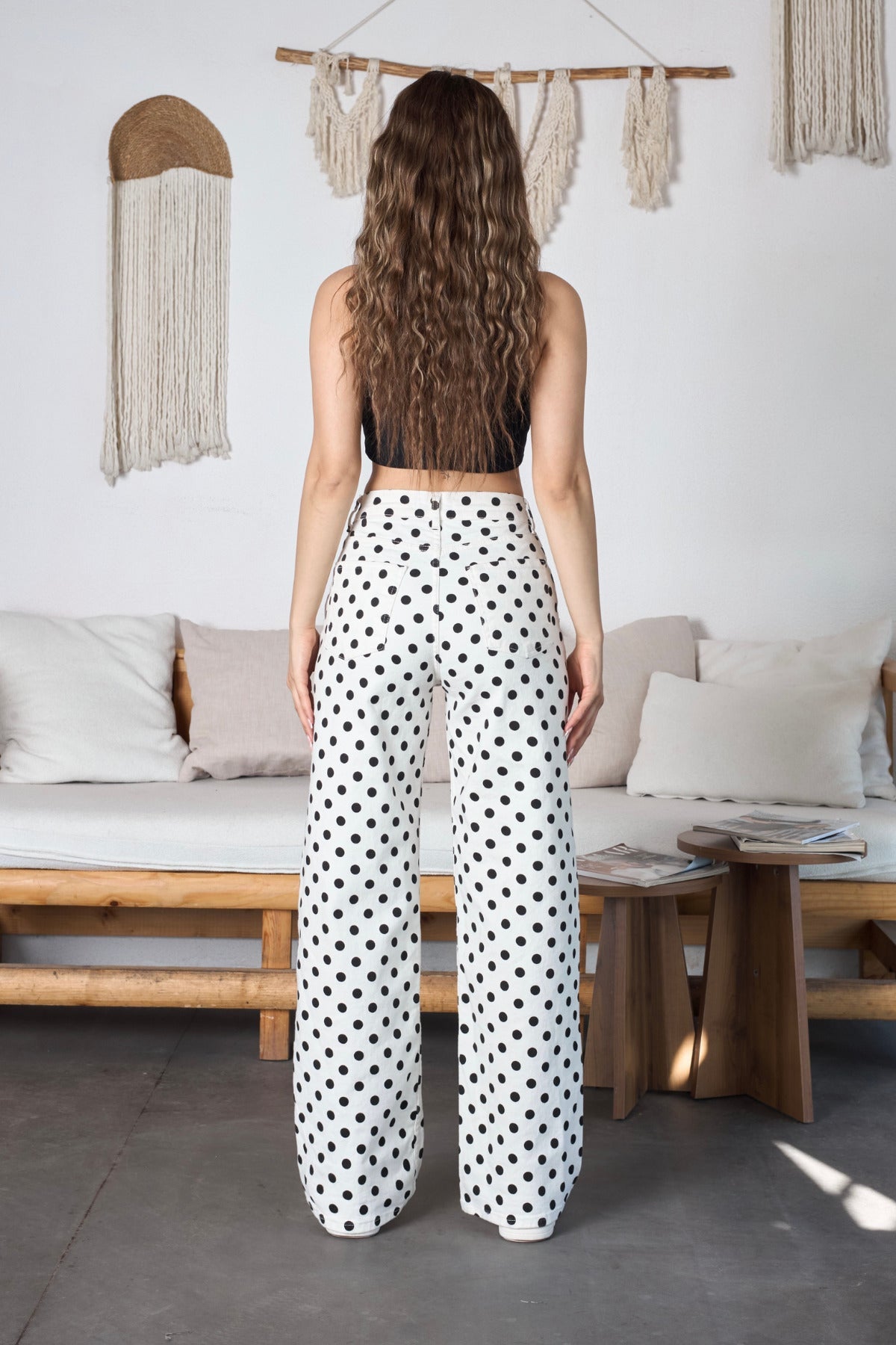 Puantiye Desenli Wide Leg Denim Pantolon Beyaz - MALLTURK