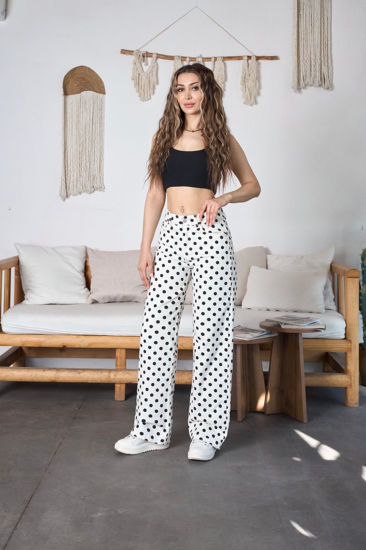 Puantiye Desenli Wide Leg Denim Pantolon Beyaz - MALLTURK