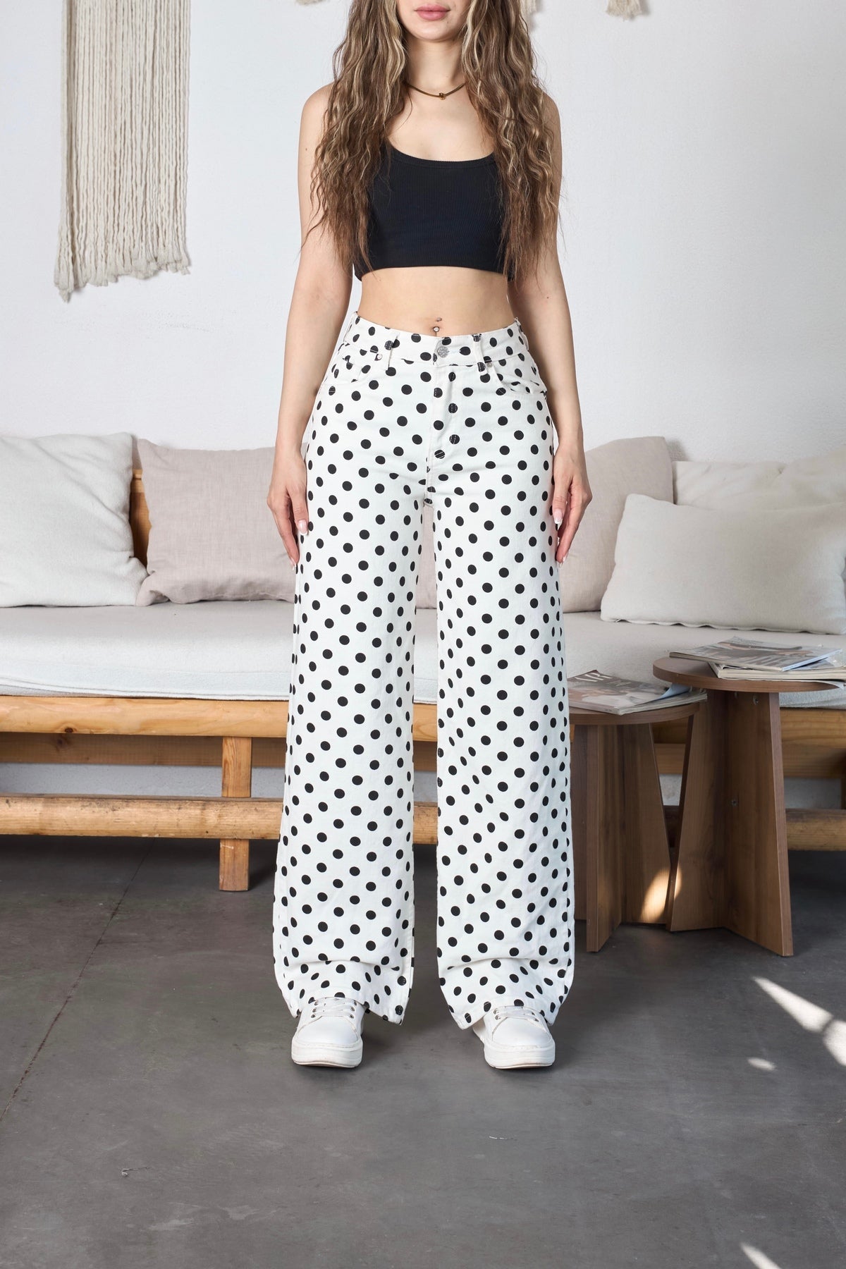 Puantiye Desenli Wide Leg Denim Pantolon Beyaz - MALLTURK