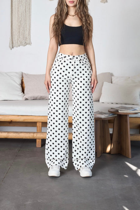 Puantiye Desenli Wide Leg Denim Pantolon Beyaz - MALLTURK