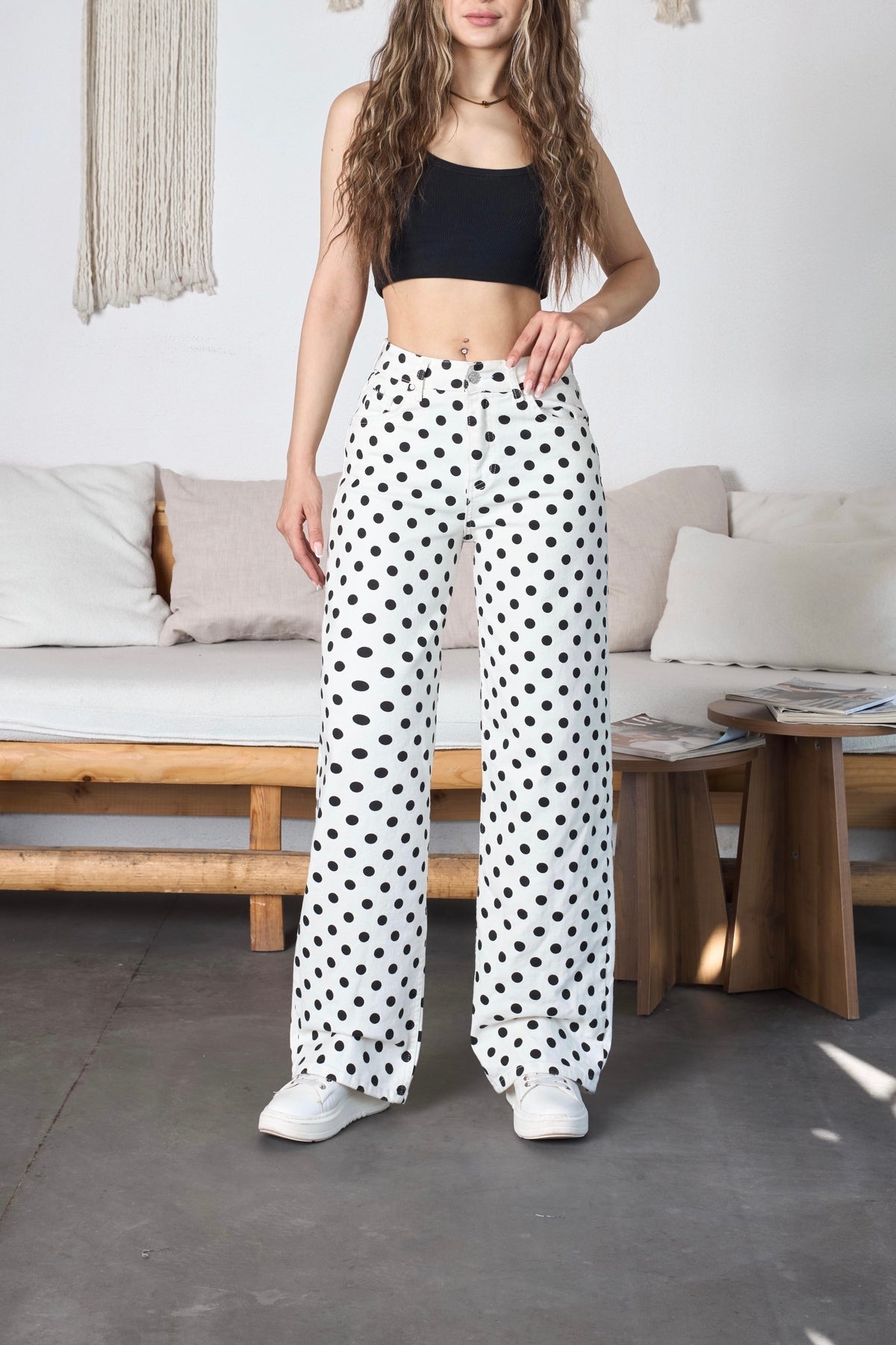 Puantiye Desenli Wide Leg Denim Pantolon Beyaz - MALLTURK