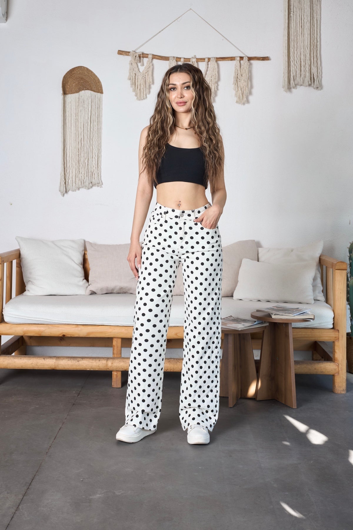 Puantiye Desenli Wide Leg Denim Pantolon Beyaz - MALLTURK