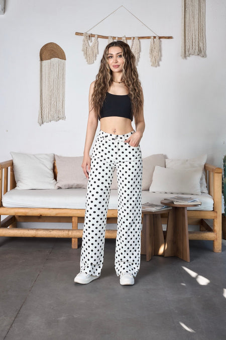Puantiye Desenli Wide Leg Denim Pantolon Beyaz - MALLTURK