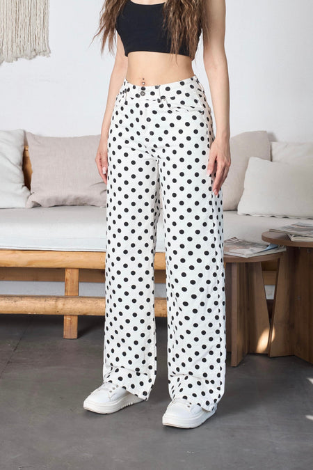 Puantiye Desenli Wide Leg Denim Pantolon Beyaz - MALLTURK