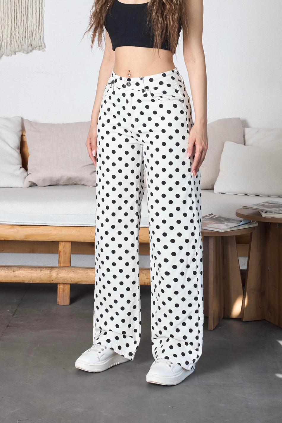 Puantiye Desenli Wide Leg Denim Pantolon Beyaz - MALLTURK
