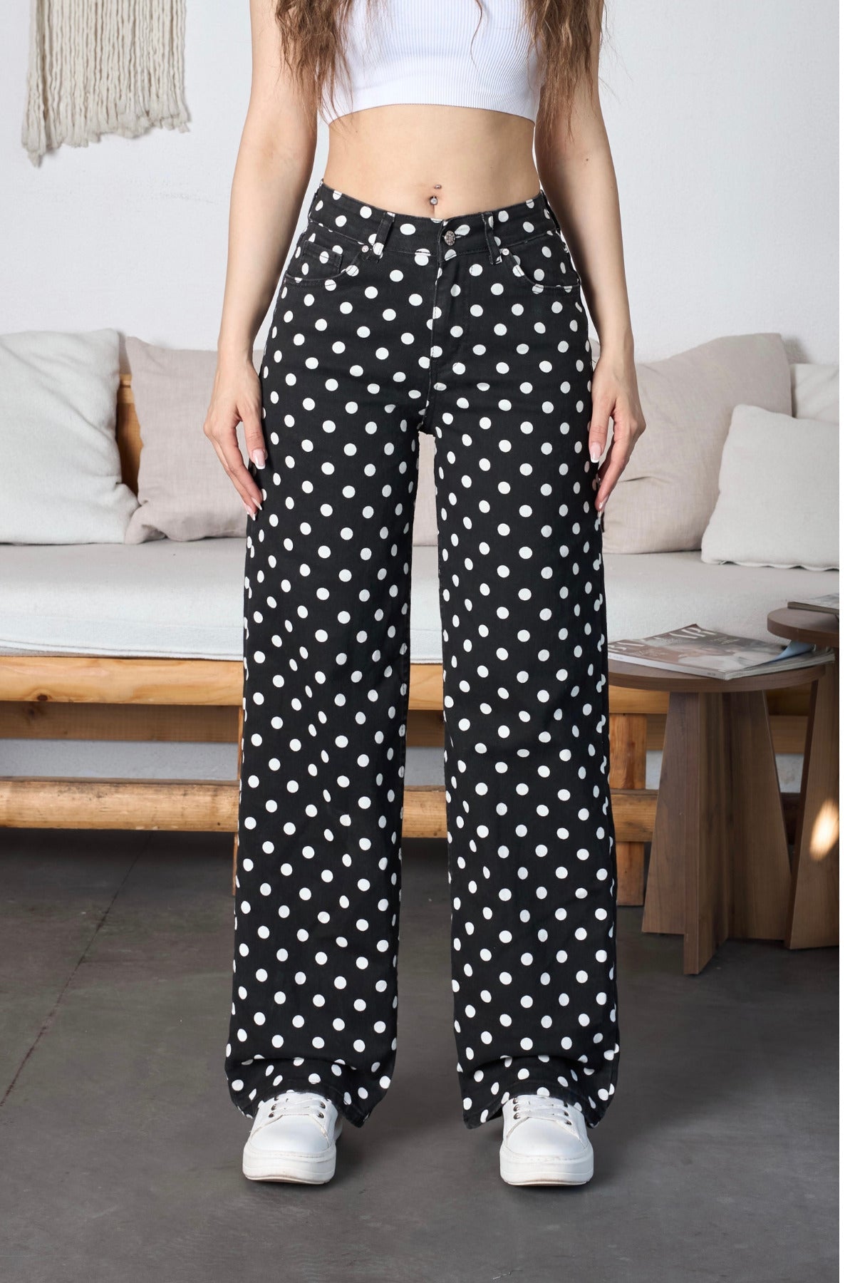 Puantiye Desenli Wide Leg Denim Pantolon Siyah - MALLTURK