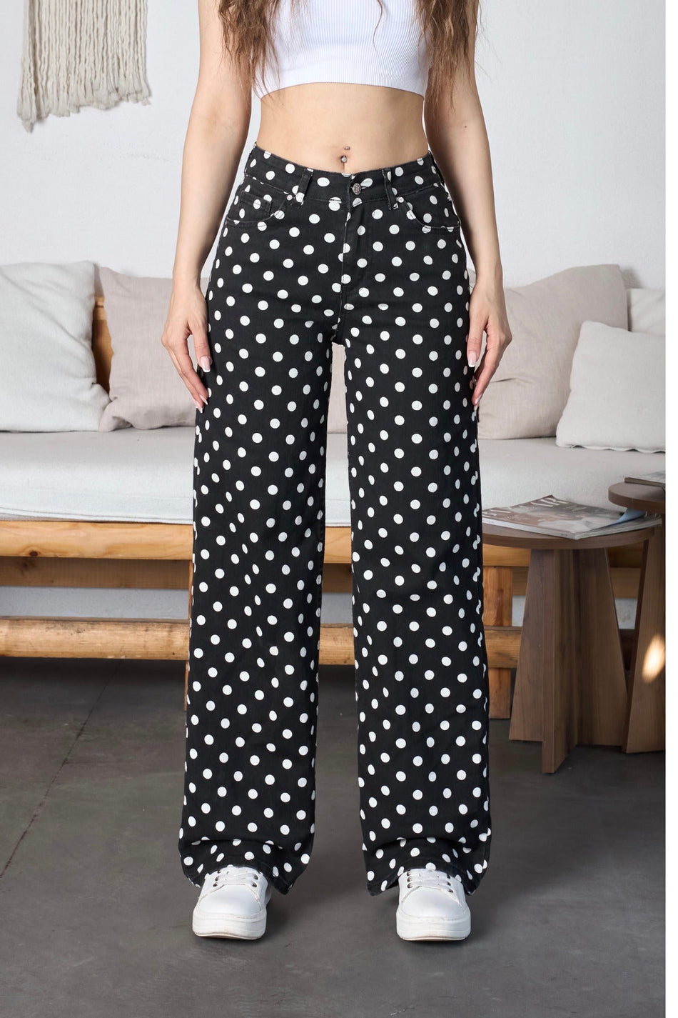 Puantiye Desenli Wide Leg Denim Pantolon Siyah - MALLTURK