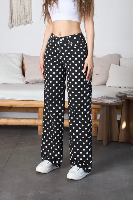 Puantiye Desenli Wide Leg Denim Pantolon Siyah - MALLTURK