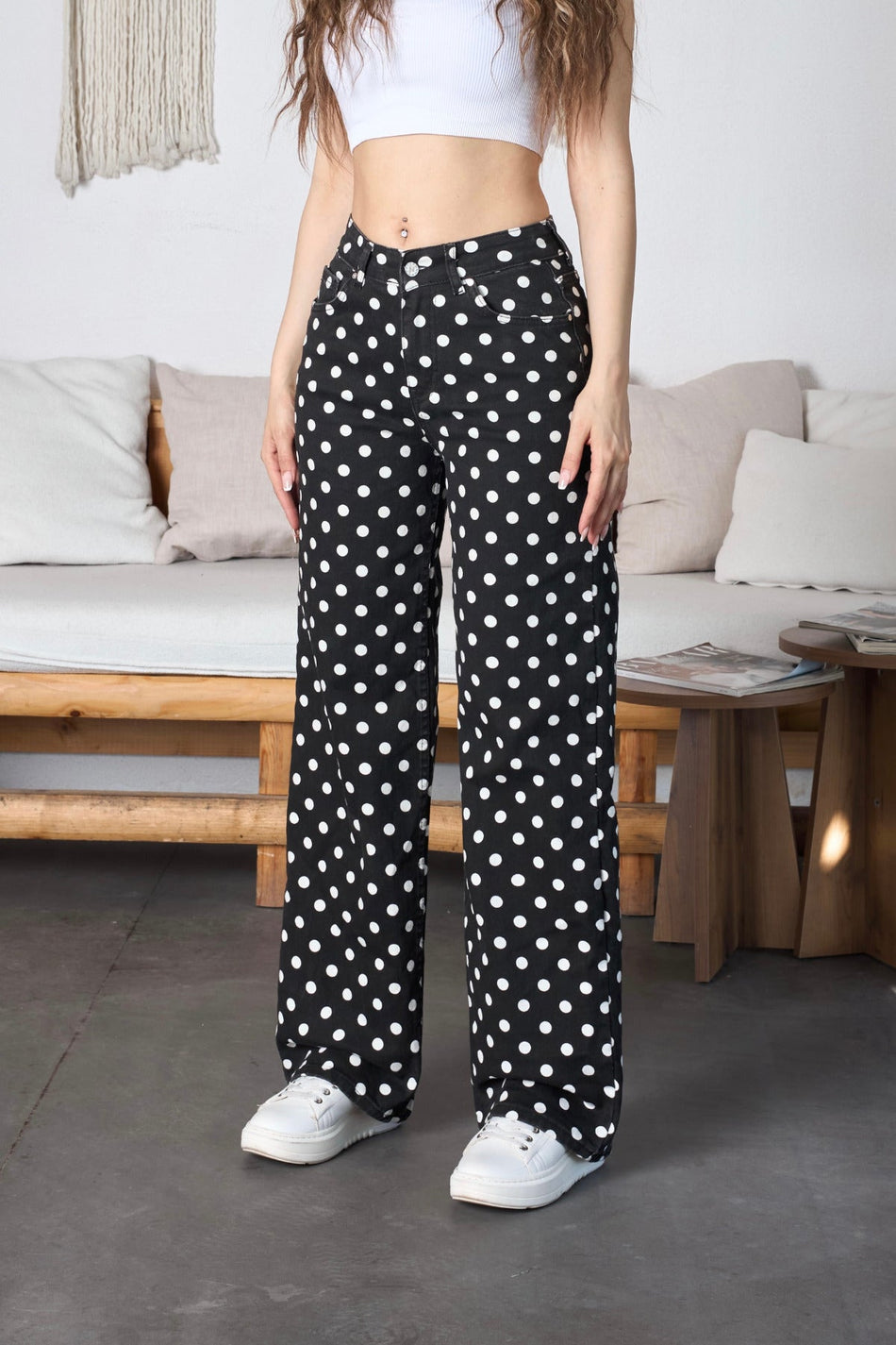 Puantiye Desenli Wide Leg Denim Pantolon Siyah - MALLTURK