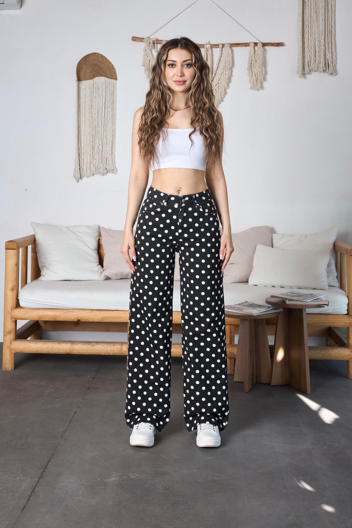 Puantiye Desenli Wide Leg Denim Pantolon Siyah - MALLTURK