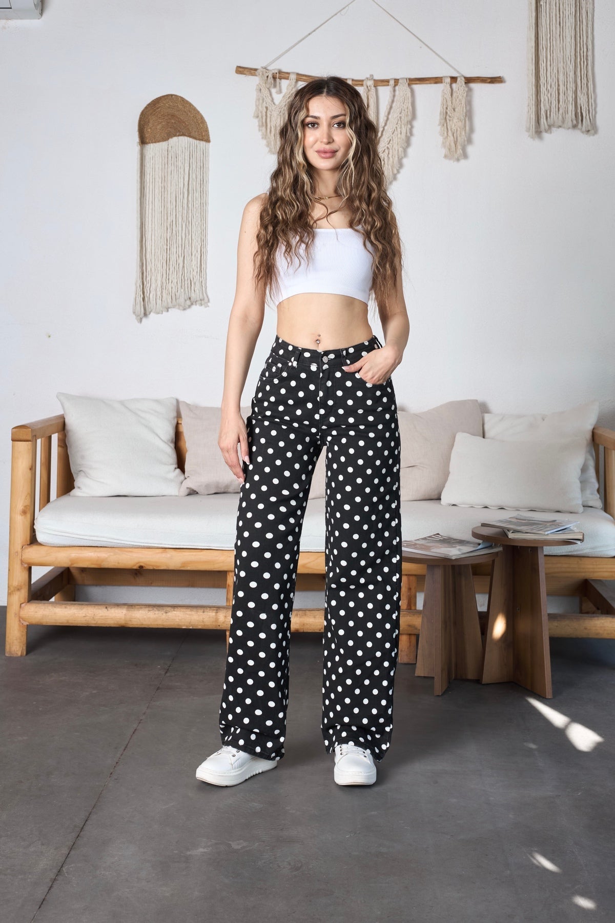 Puantiye Desenli Wide Leg Denim Pantolon Siyah - MALLTURK