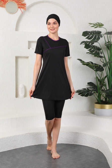 Purple Piping Lycra Semi Covered Hijab Swimsuit Black - MALLTURK
