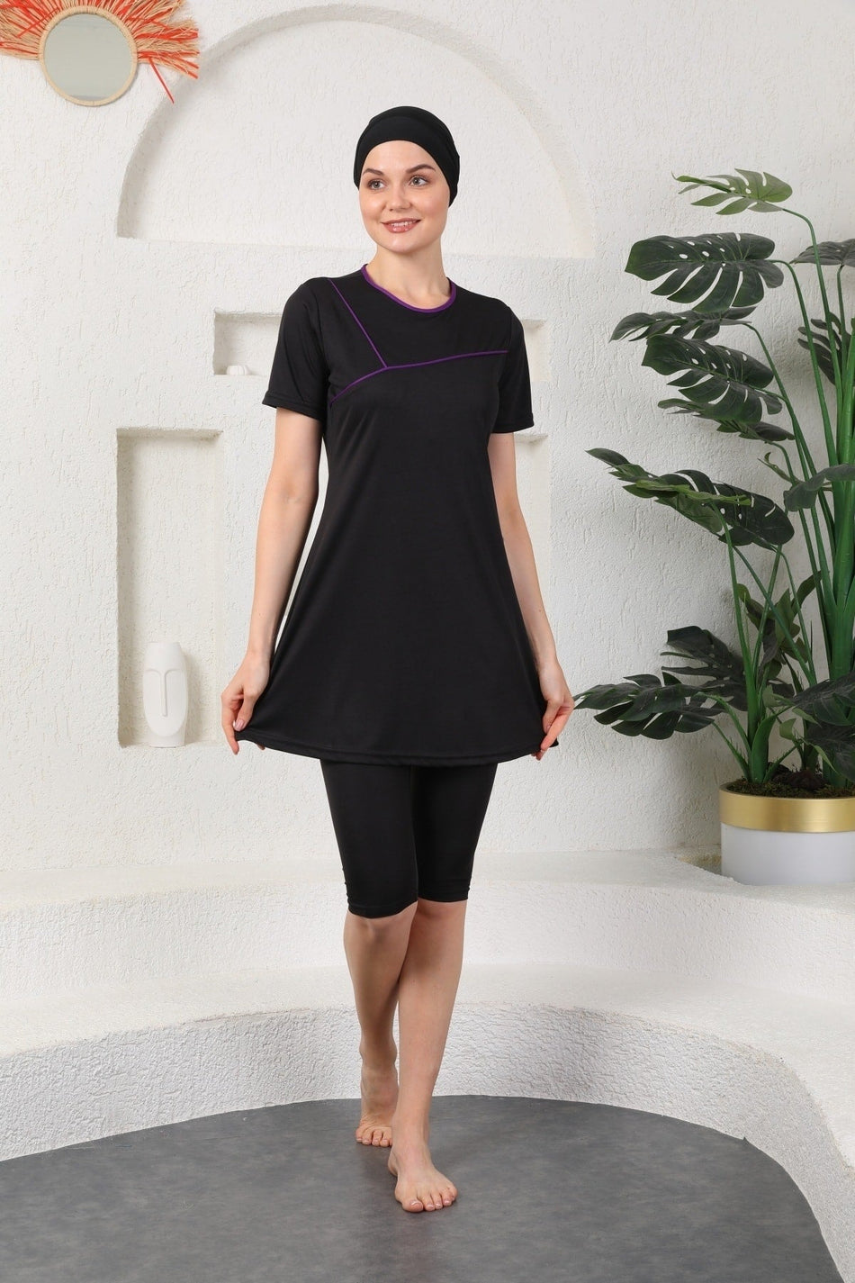 Purple Piping Lycra Semi Covered Hijab Swimsuit Black - MALLTURK