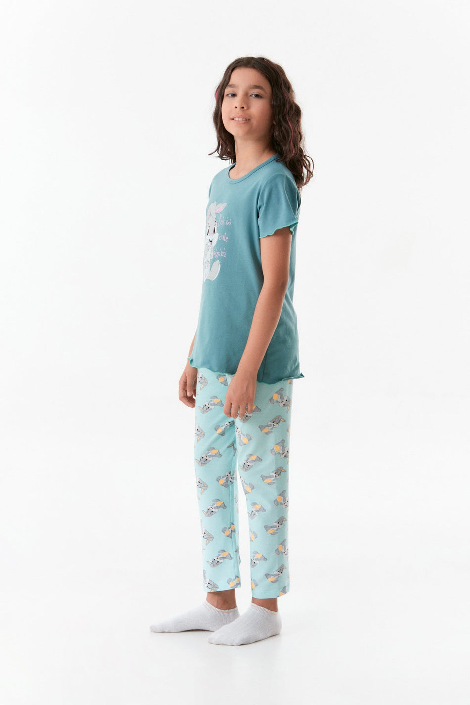 Rabbit Printed Girl's Pajama Set - MALLTURK