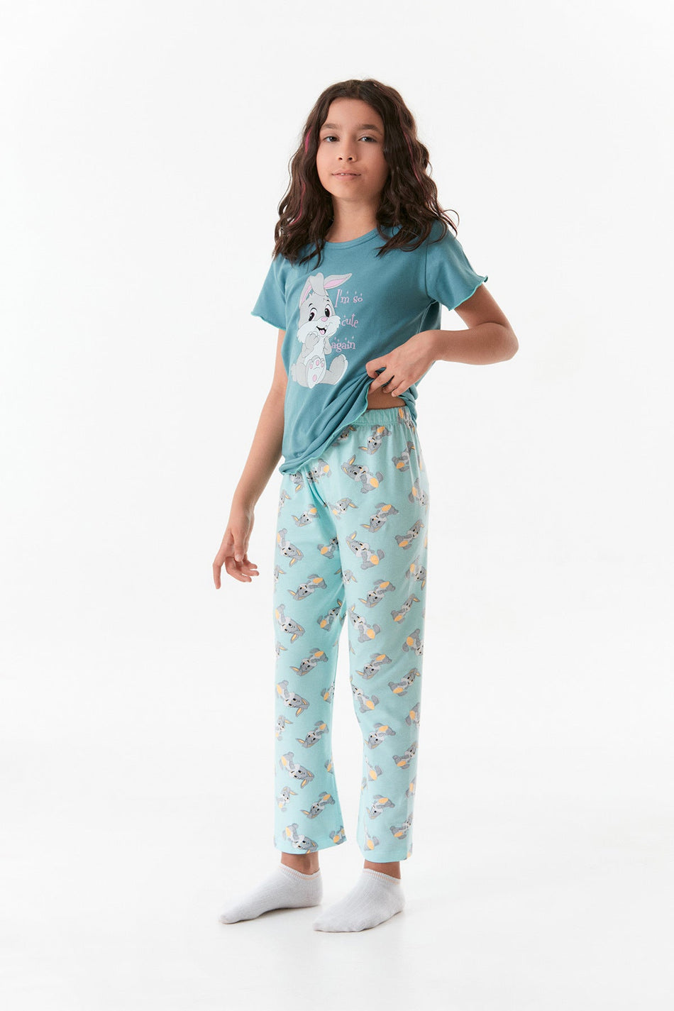 Rabbit Printed Girl's Pajama Set - MALLTURK