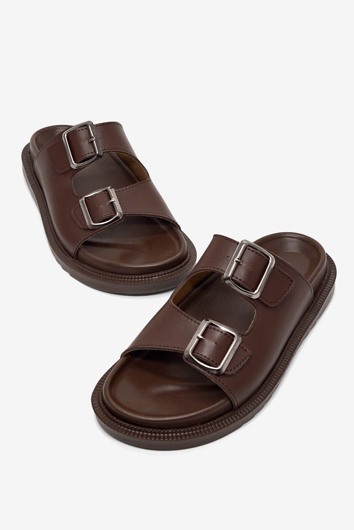 Rahat Kalıp Çift Tokalı Kaymaz Terlik Kadın Acı Kahve Cilt Terlik TBMRC1110 - MALLTURK
