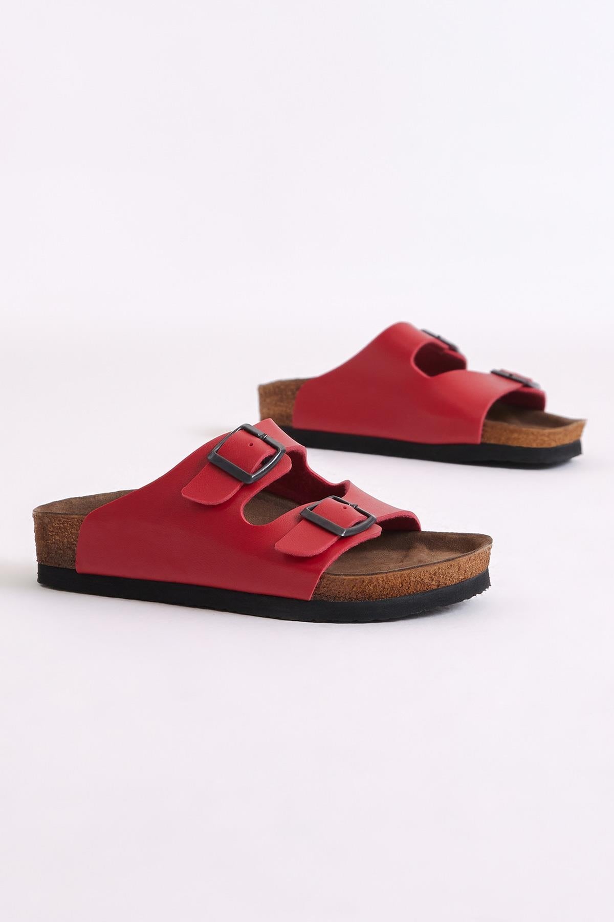 Rahat Kalıp Poli Taban Çift Tokalı Nubuk Çocuk Unisex Kırmızı Sandalet TBER535 - MALLTURK