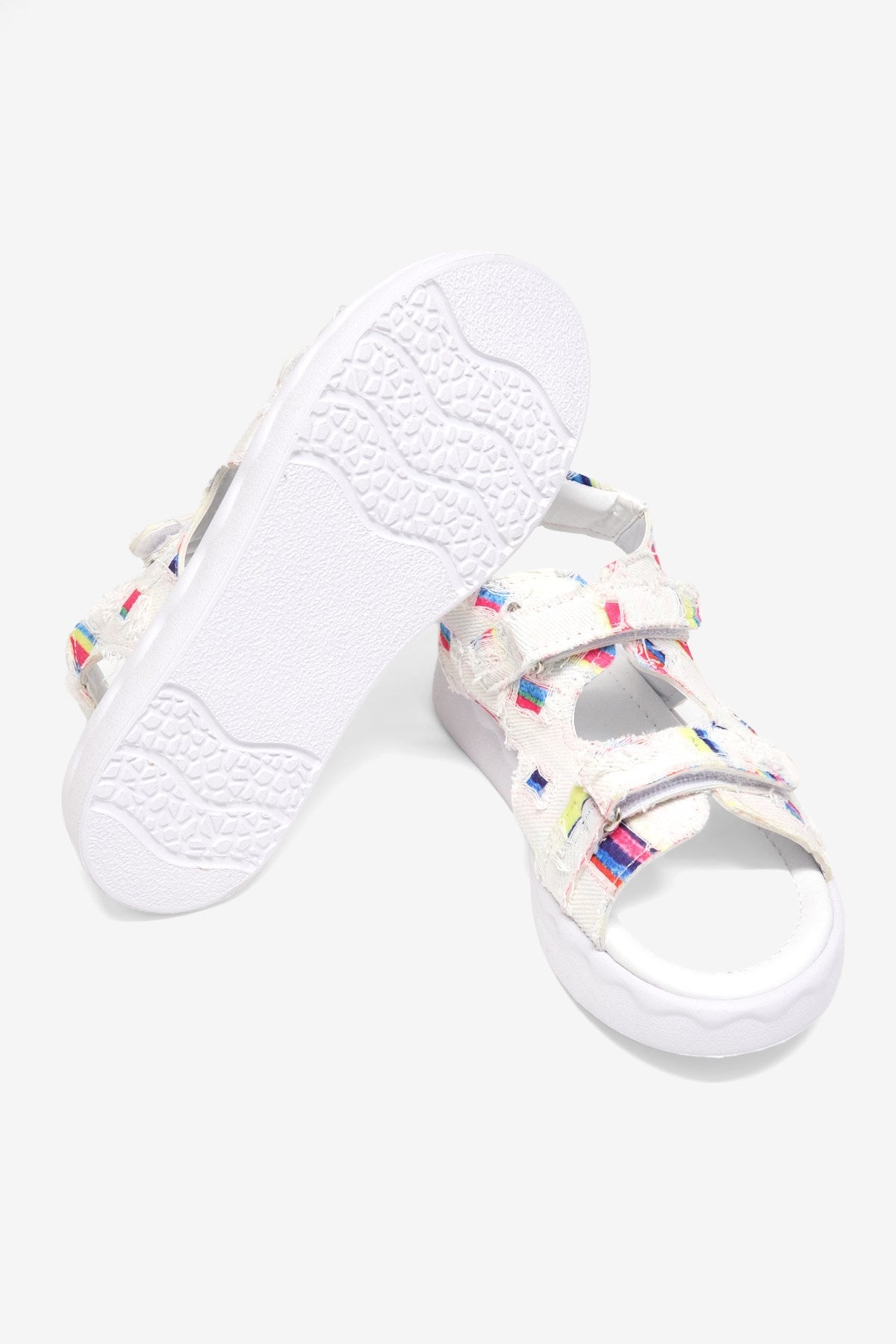 Rahat Kalıp Renk Desenli Çift Cırtlı Sandalet Çocuk Unisex Beyaz Sandalet TBGRFS109 - MALLTURK