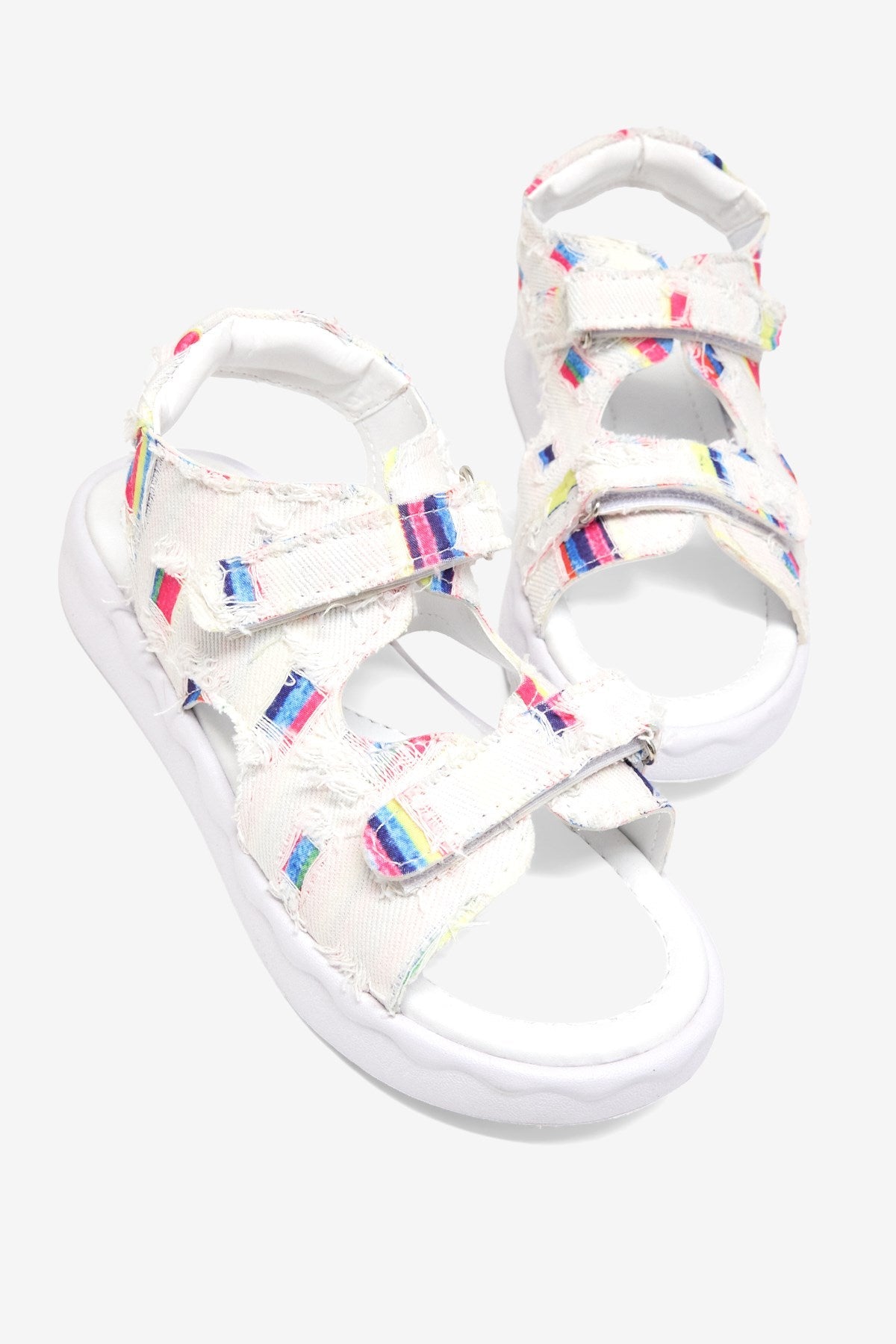 Rahat Kalıp Renk Desenli Çift Cırtlı Sandalet Çocuk Unisex Beyaz Sandalet TBGRFS109 - MALLTURK