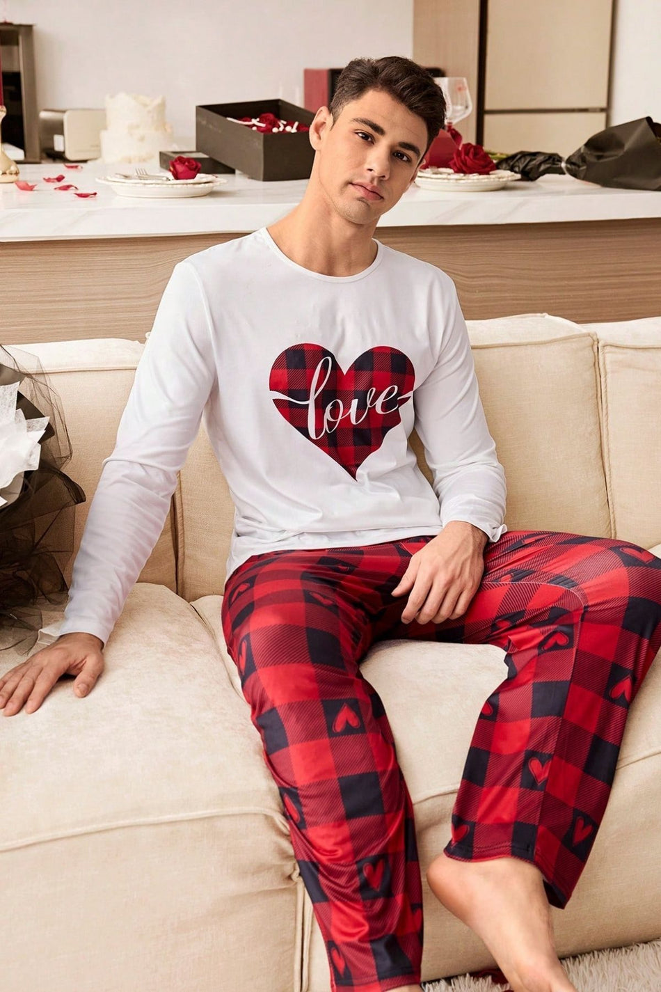 Red Men's Plaid Piece Double Pajama Set - MALLTURK